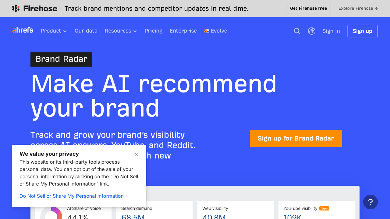Screenshot of Ahrefs Brand Radar's landing page