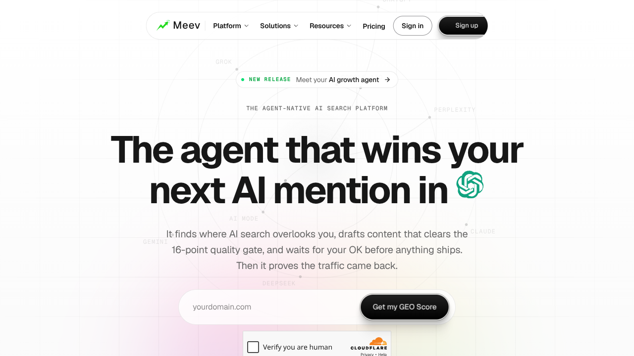 Screenshot of Meev's landing page