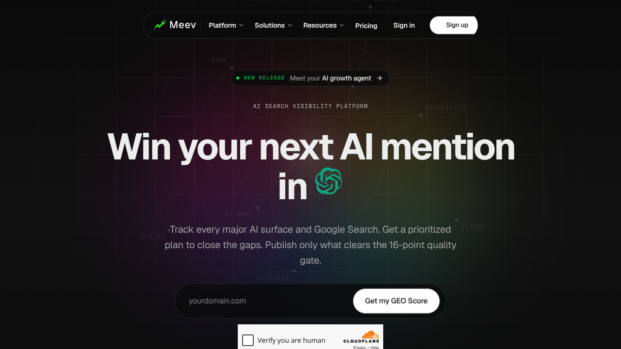 Screenshot of Meev's landing page