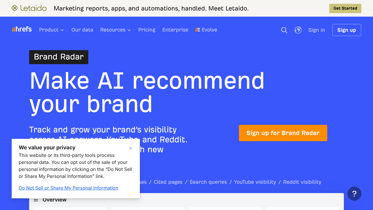 Screenshot of Ahrefs Brand Radar's landing page