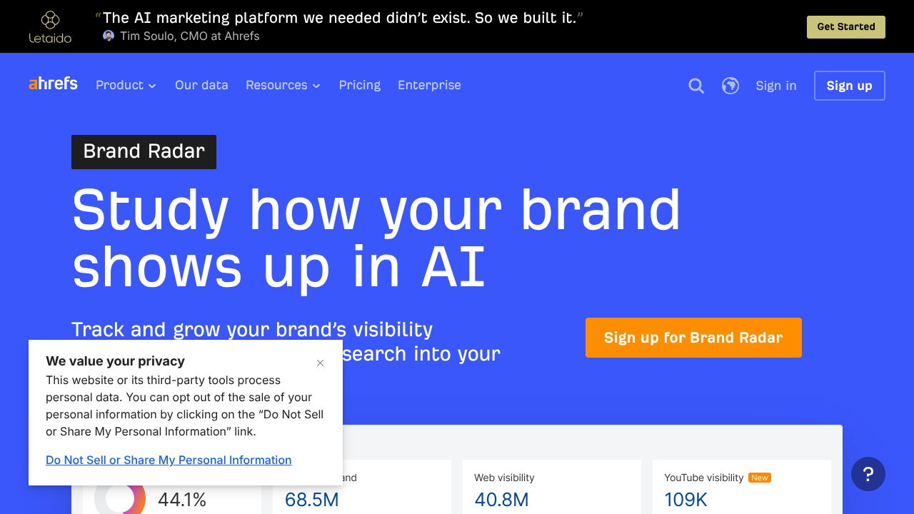 Screenshot of Ahrefs Brand Radar's landing page